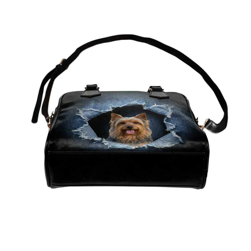 Australian Silky Terrier Ripped Denim Print Shoulder Handbag