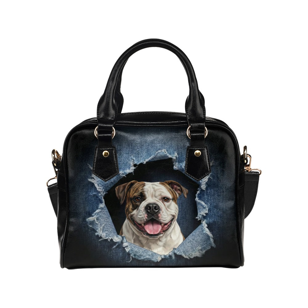 American Bulldog Ripped Denim Print Shoulder Handbag