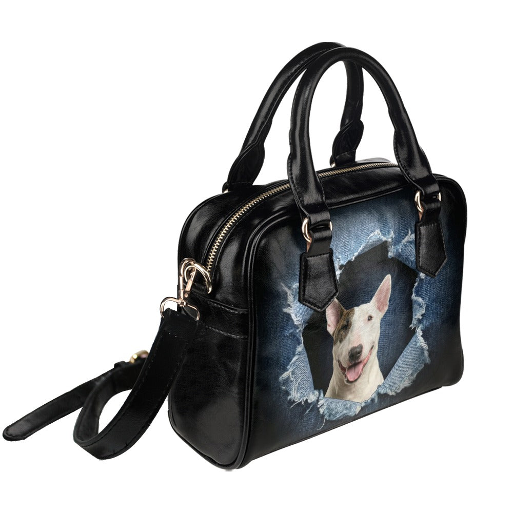 Bull Terrier Ripped Denim Print Shoulder Handbag