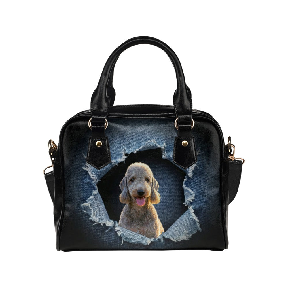 Bedlington Terrier Ripped Denim Print Shoulder Handbag