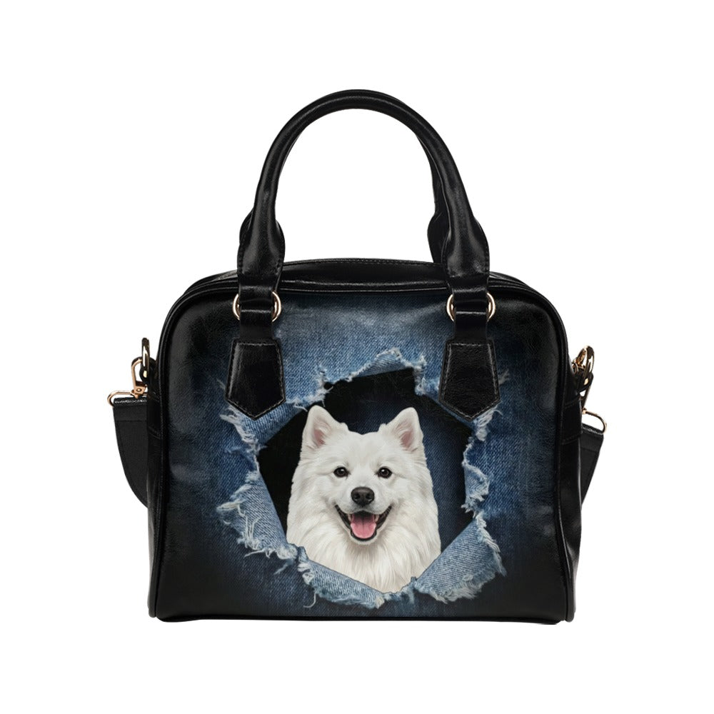American Eskimo Dog Ripped Denim Print Shoulder Handbag