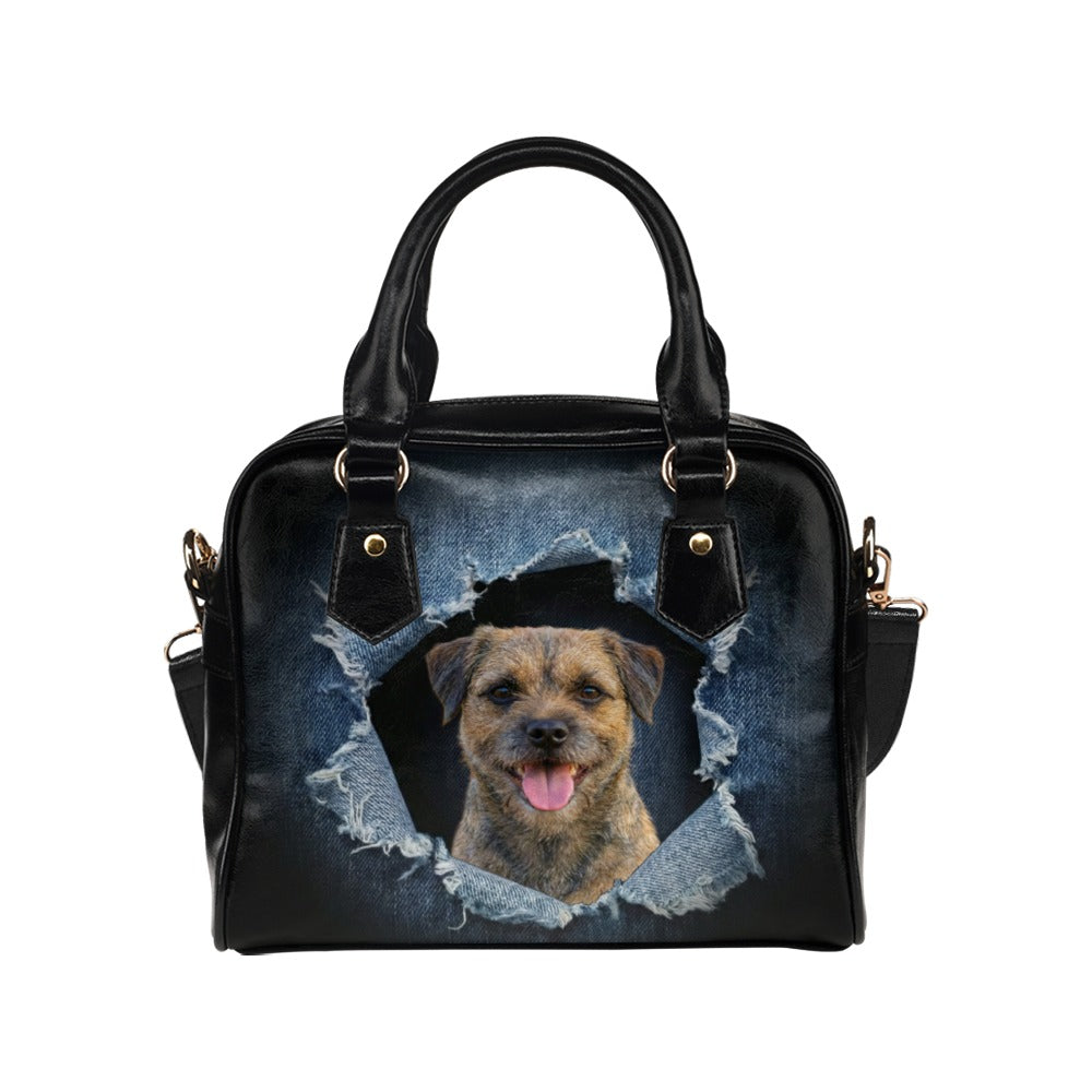 Border Terrier Ripped Denim Print Shoulder Handbag