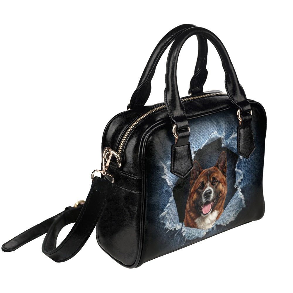 American Akita Ripped Denim Print Shoulder Handbag