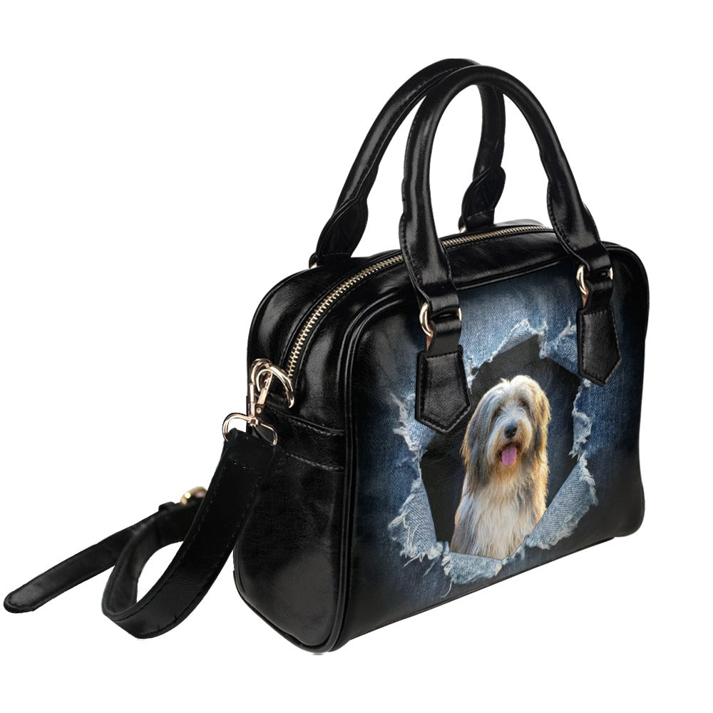 Bearded Collie Ripped Denim Print Shoulder Handbag