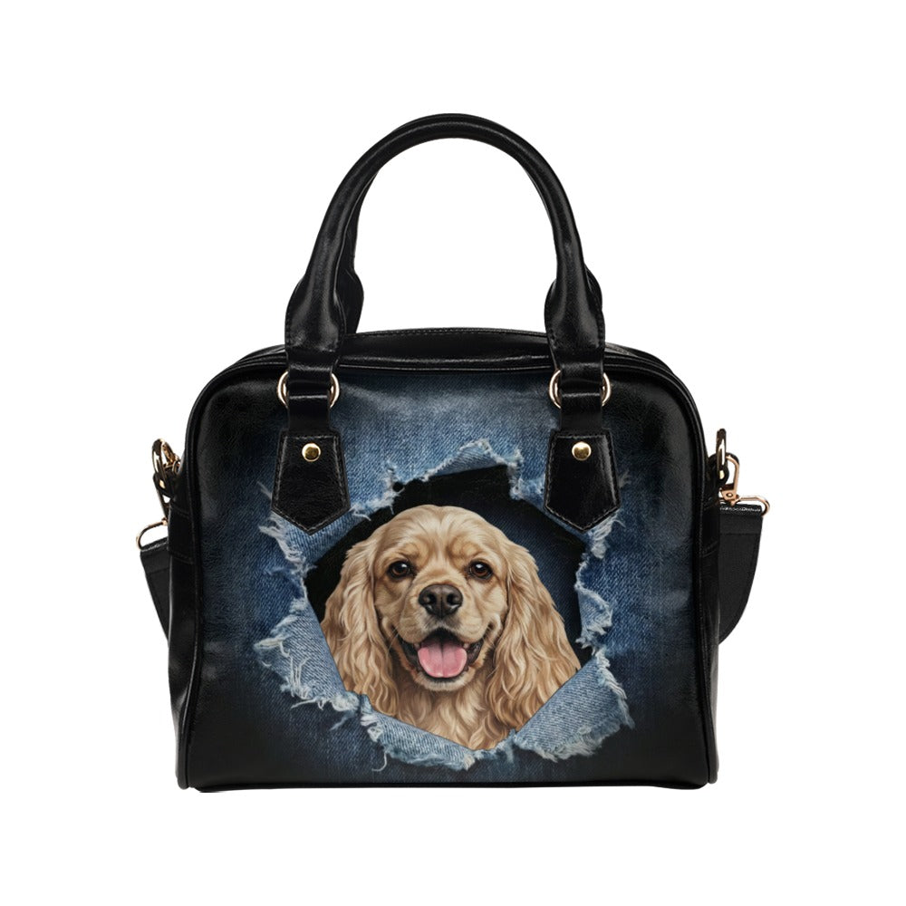 American Cocker Spaniel Ripped Denim Print Shoulder Handbag