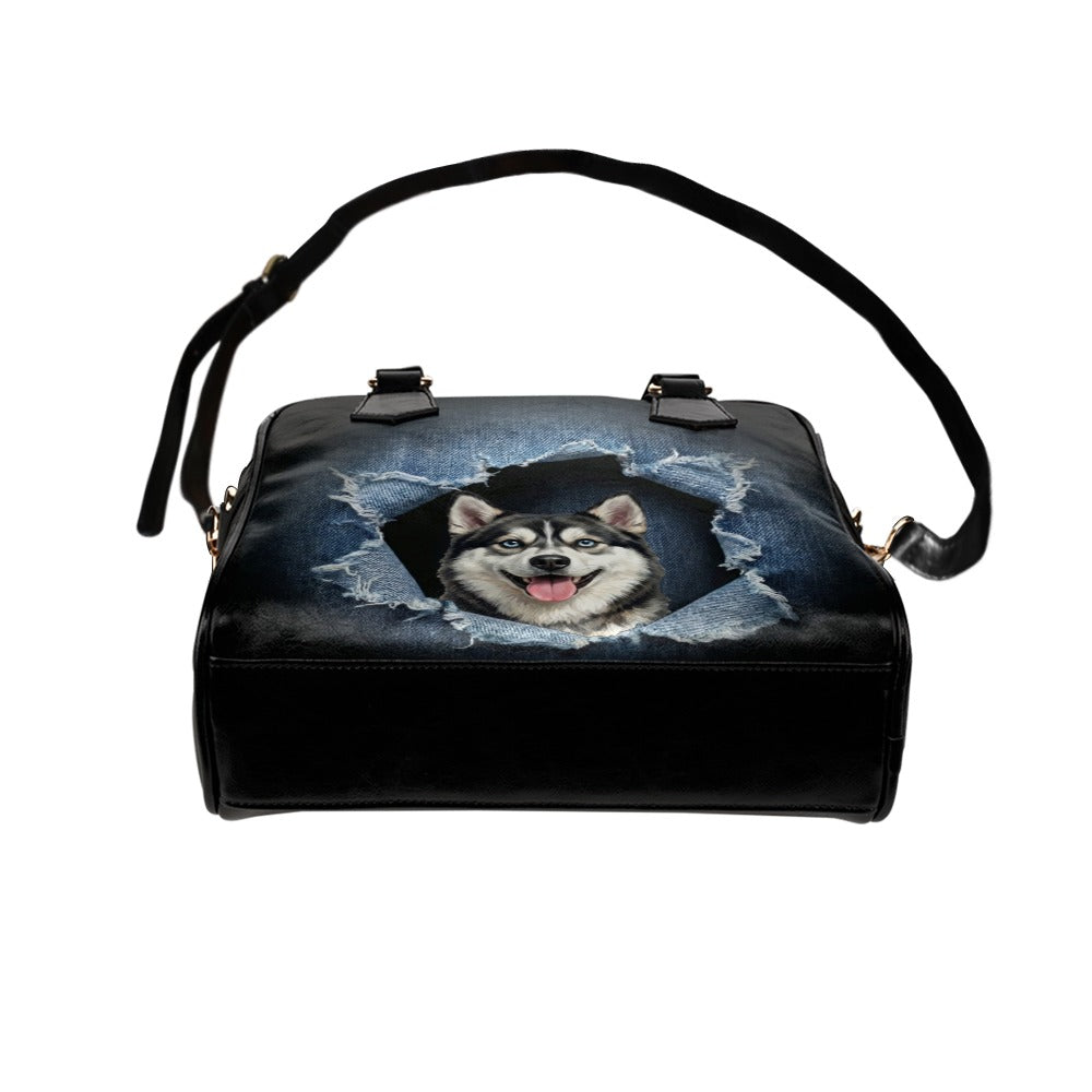 Alaskan Klee Kai Ripped Denim Print Shoulder Handbag