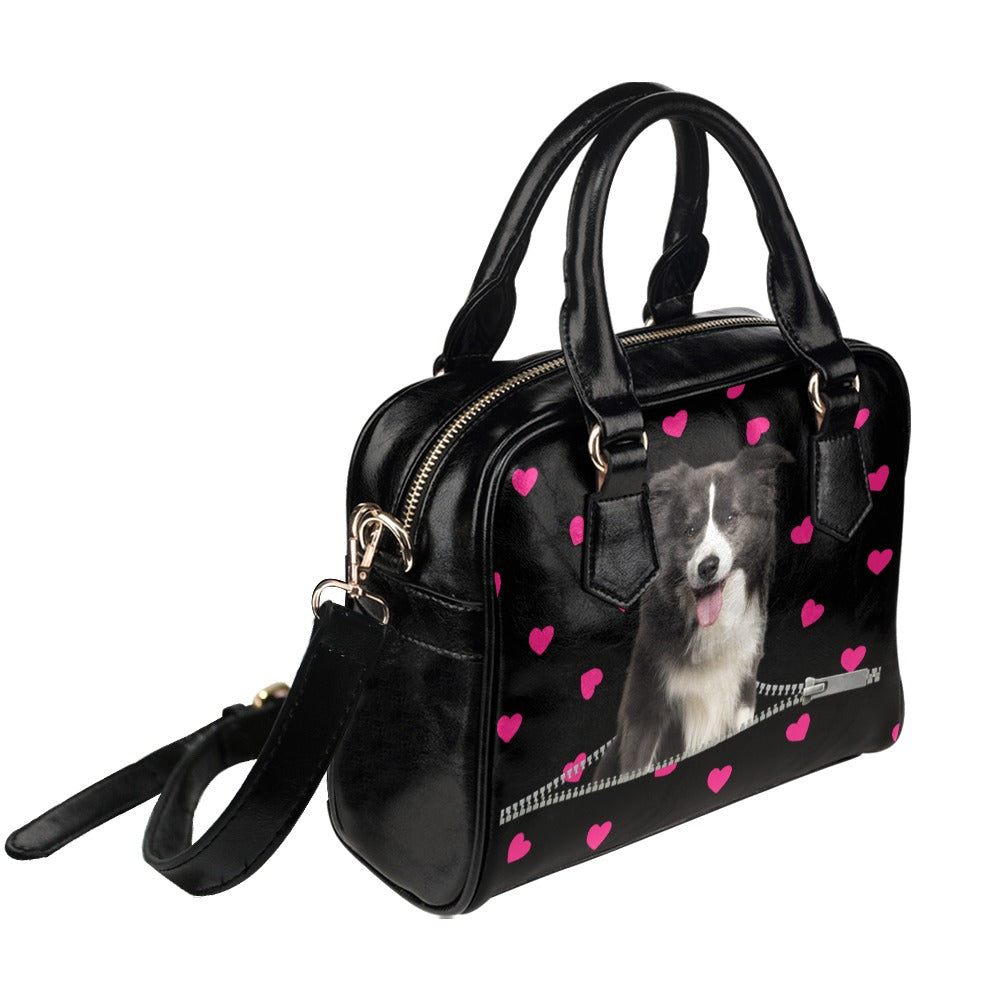 Border Collie Zip Hearts Shoulder Handbag