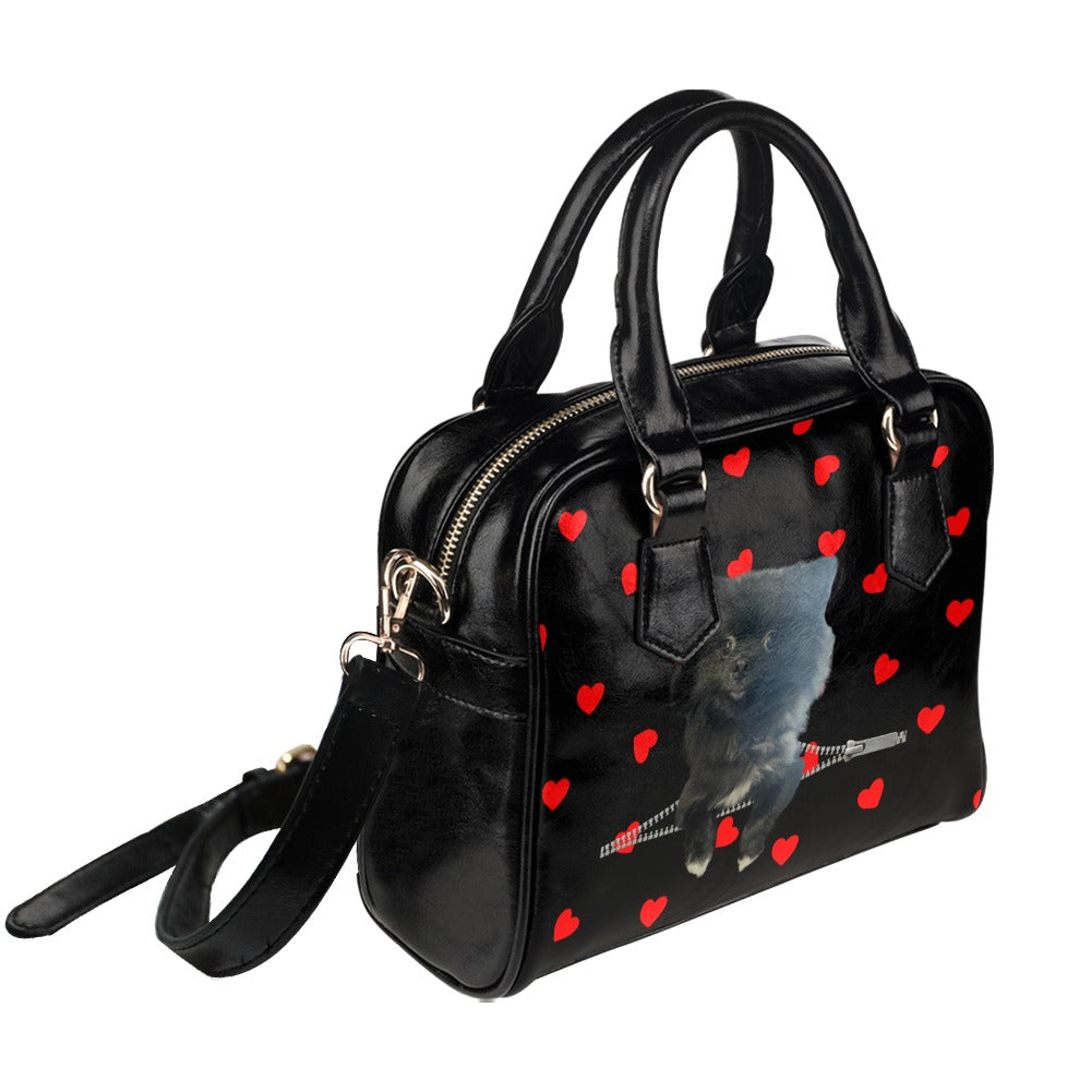 Black Pomeranian Zip Hearts Red Shoulder Handbag