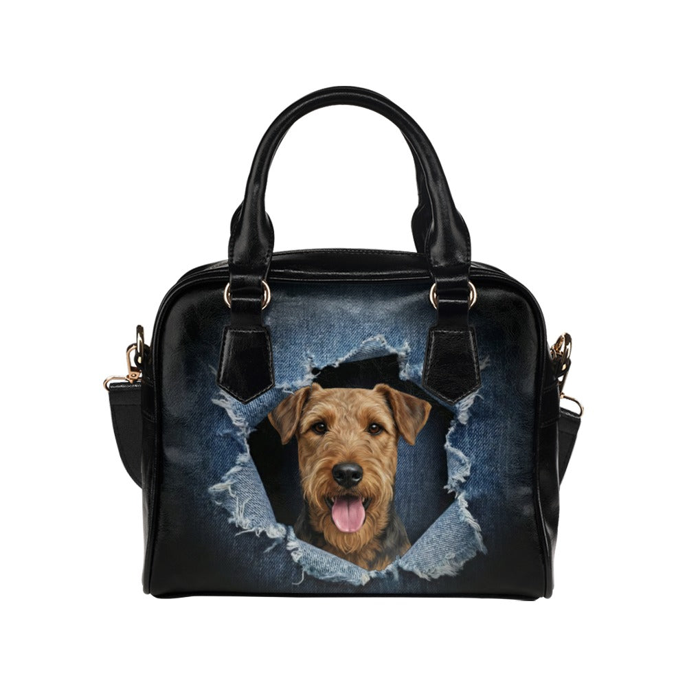 Airedale Terrier Ripped Denim Print Shoulder Handbag