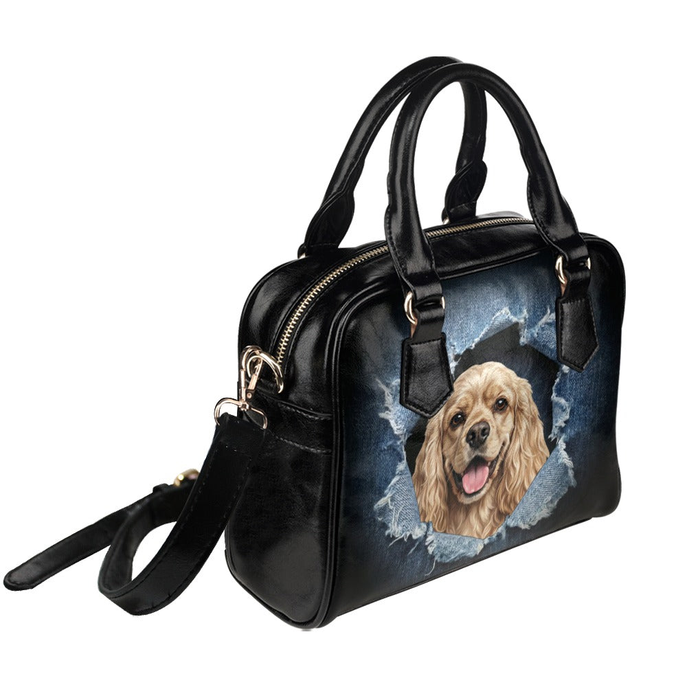 American Cocker Spaniel Ripped Denim Print Shoulder Handbag