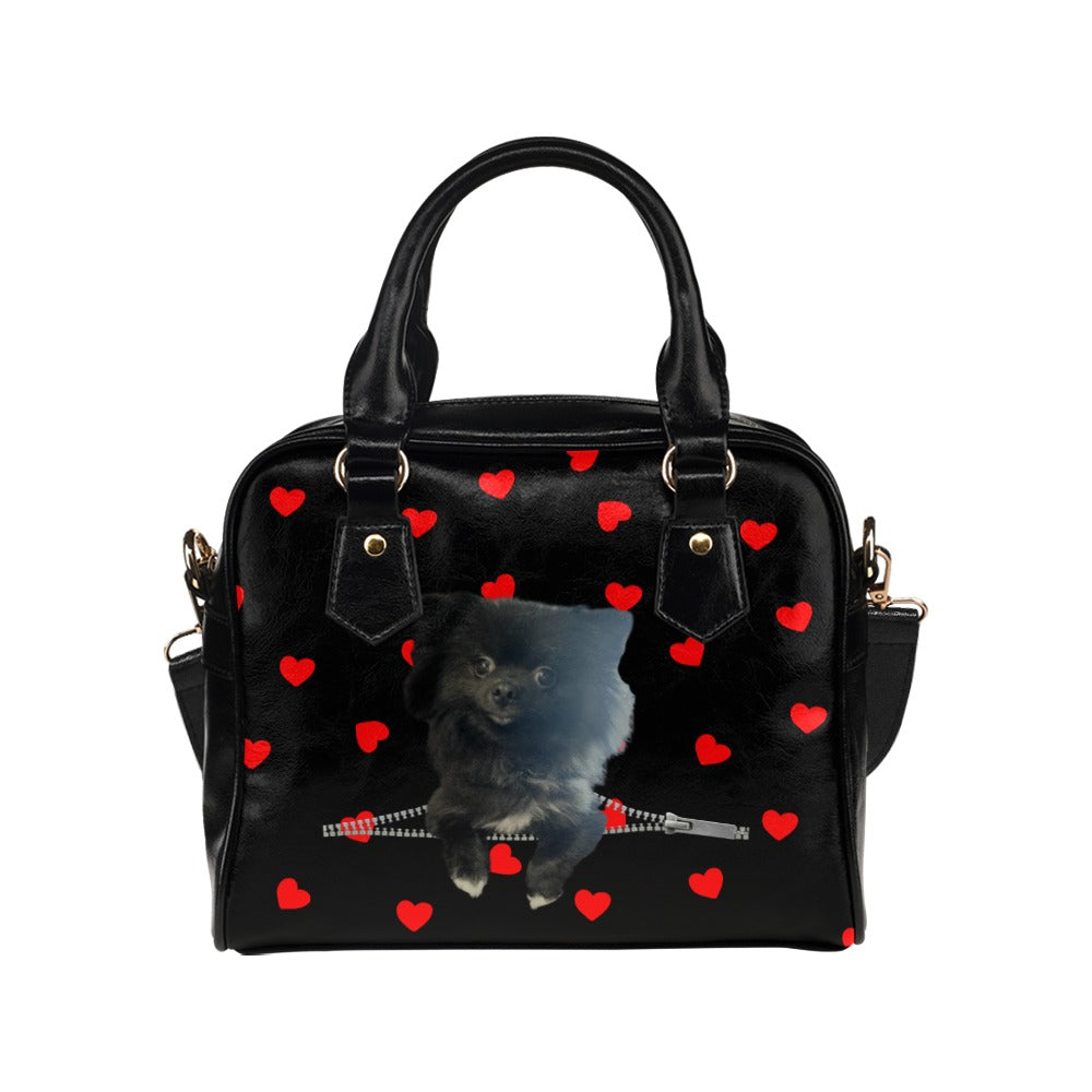 Black Pomeranian Zip Hearts Red Shoulder Handbag