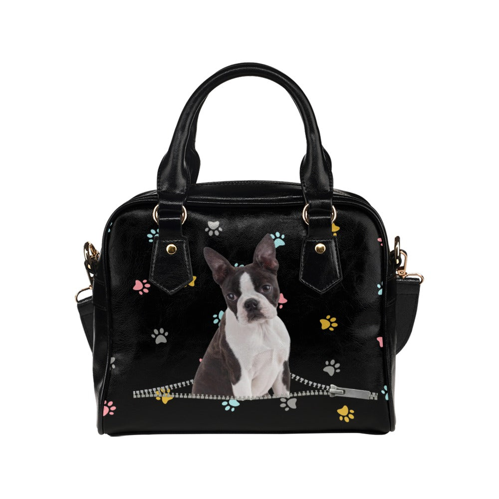Boston Terrier Dog Zip Colorful Paws Shoulder Handbag
