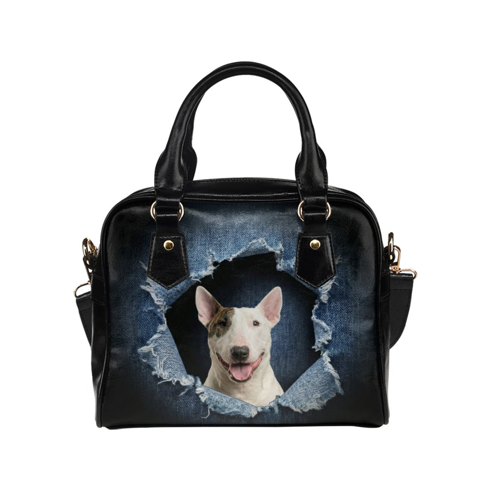 Bull Terrier Ripped Denim Print Shoulder Handbag