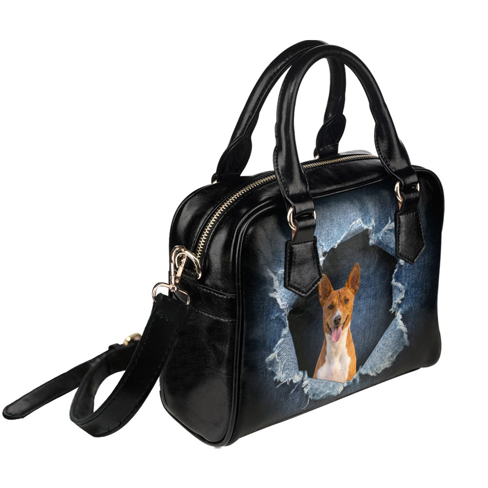 Basenji Ripped Denim Print Shoulder Handbag