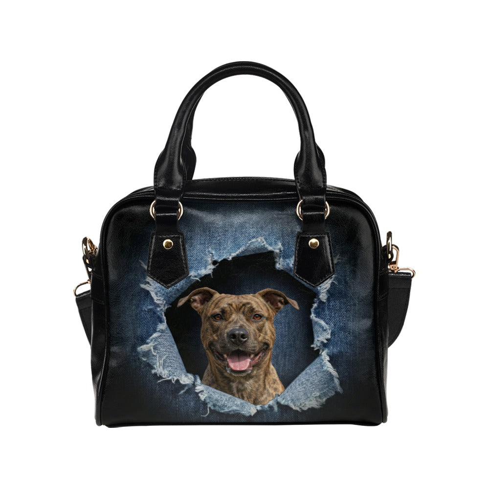 American Staffordshire Terrier Ripped Denim Print Shoulder Handbag