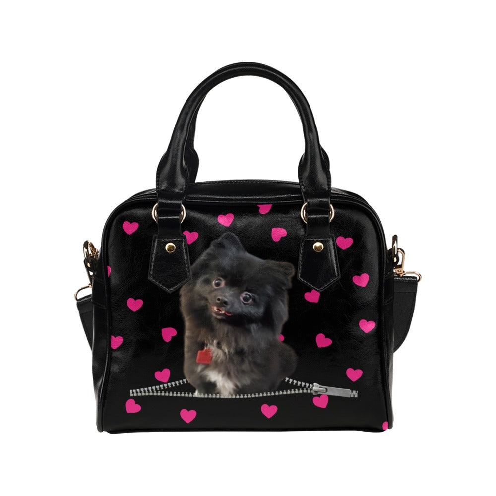 Black Pomeranian Zip Hearts Shoulder Handbag