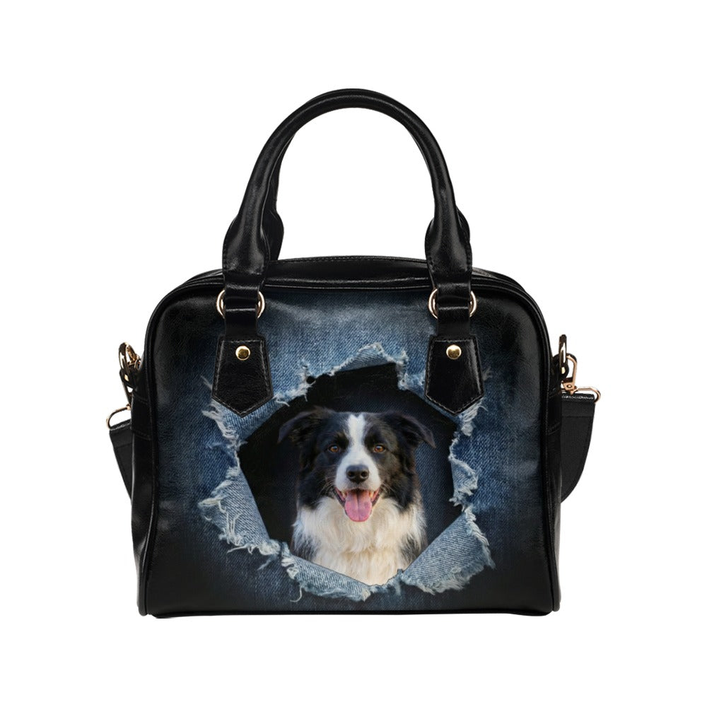 Border Collie Ripped Denim Print Shoulder Handbag