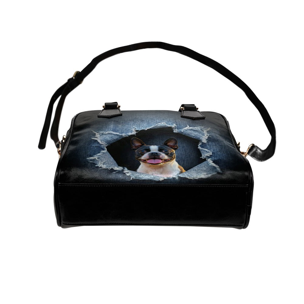 Boston Terrier Ripped Denim Print Shoulder Handbag