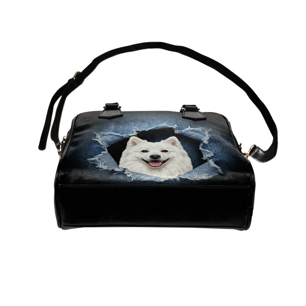 American Eskimo Dog Ripped Denim Print Shoulder Handbag
