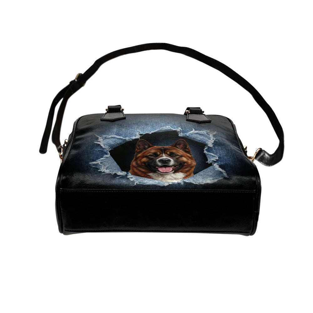 American Akita Ripped Denim Print Shoulder Handbag