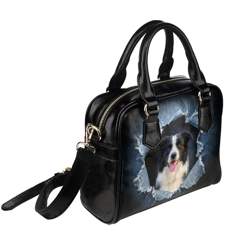 Border Collie Ripped Denim Print Shoulder Handbag