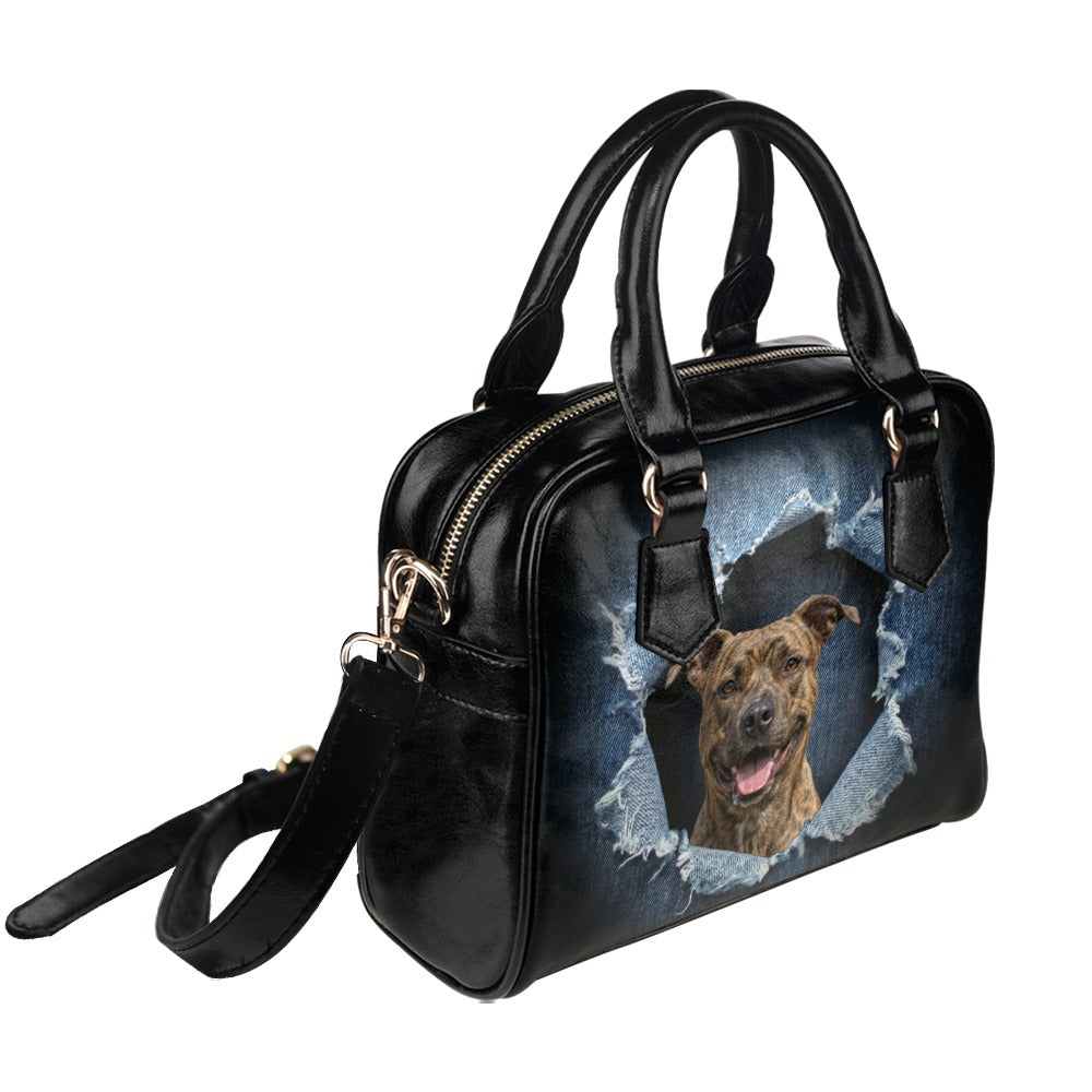 American Staffordshire Terrier Ripped Denim Print Shoulder Handbag