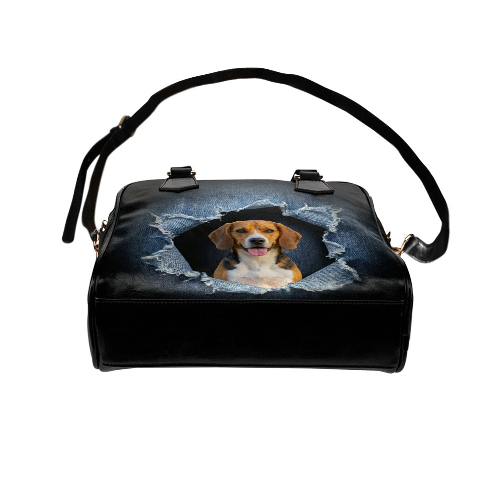 Beagle-Harrier Ripped Denim Print Shoulder Handbag