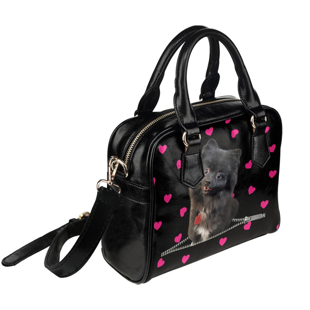Black Pomeranian Zip Hearts Shoulder Handbag