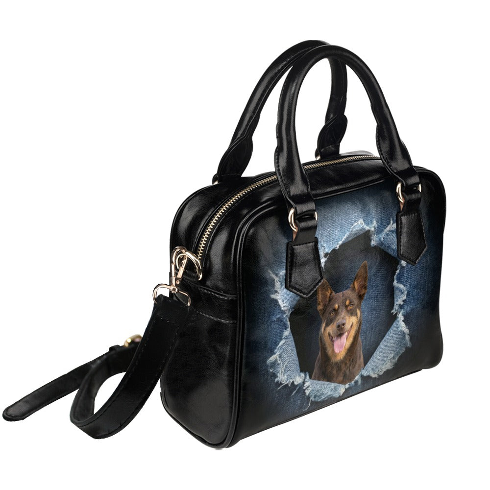 Australian Kelpie Ripped Denim Print Shoulder Handbag