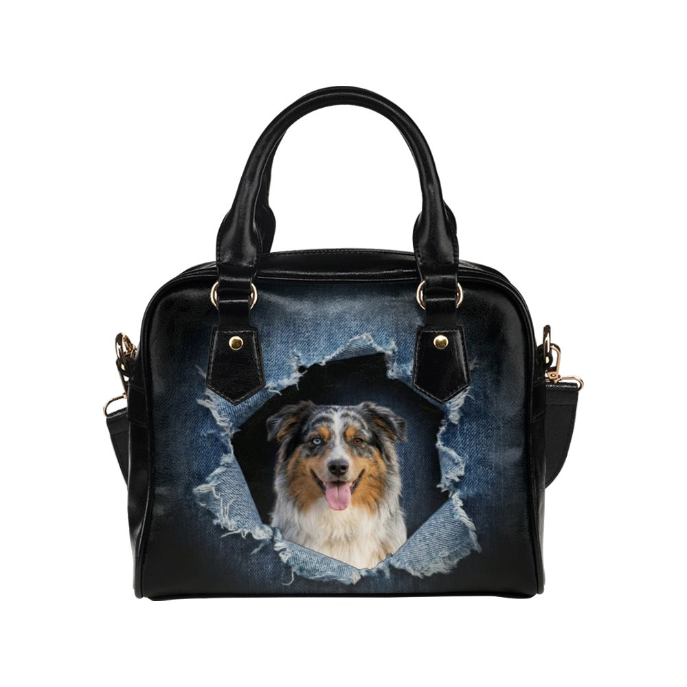 Australian Shepherd Ripped Denim Print Shoulder Handbag