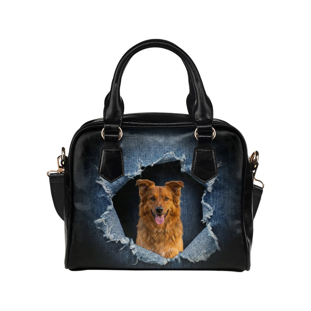 Basque Shepherd Dog Ripped Denim Print Shoulder Handbag