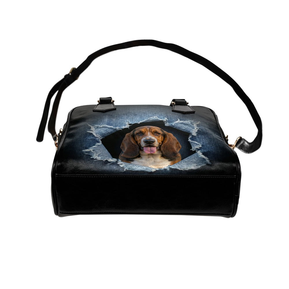 Basset Hound Ripped Denim Print Shoulder Handbag