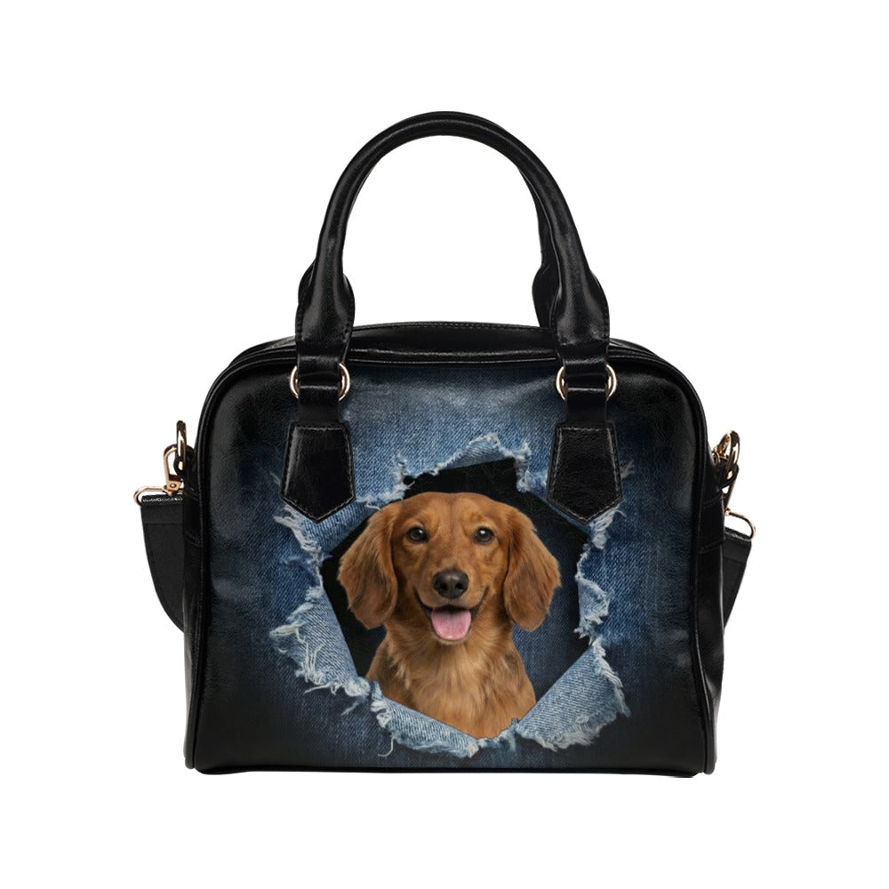 Dachshund Ripped Denim Print Shoulder Handbag