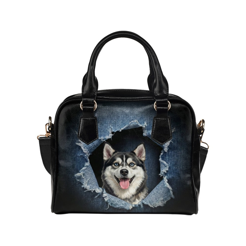 Alaskan Klee Kai Ripped Denim Print Shoulder Handbag