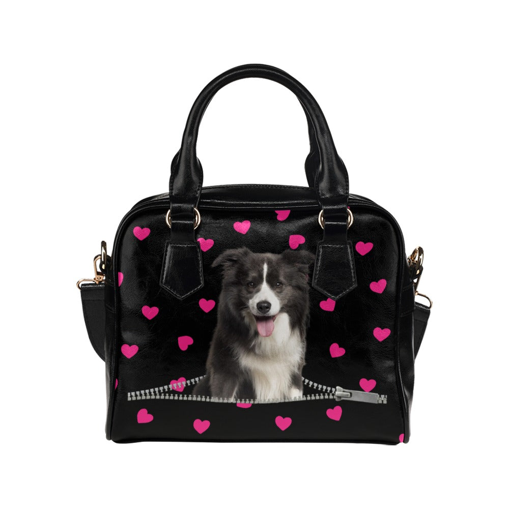 Border Collie Zip Hearts Shoulder Handbag