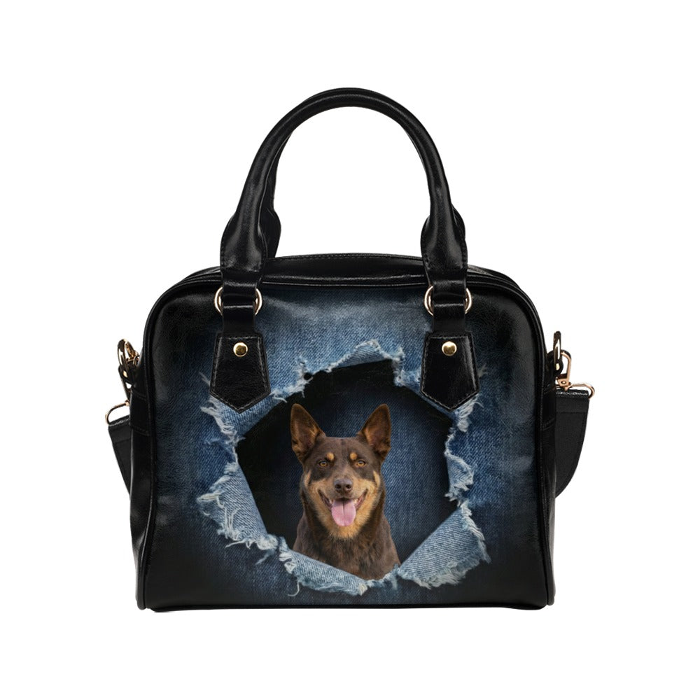 Australian Kelpie Ripped Denim Print Shoulder Handbag