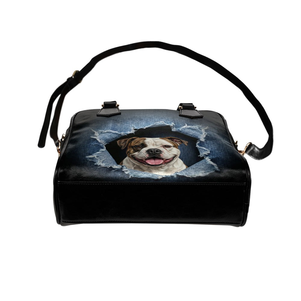 American Bulldog Ripped Denim Print Shoulder Handbag