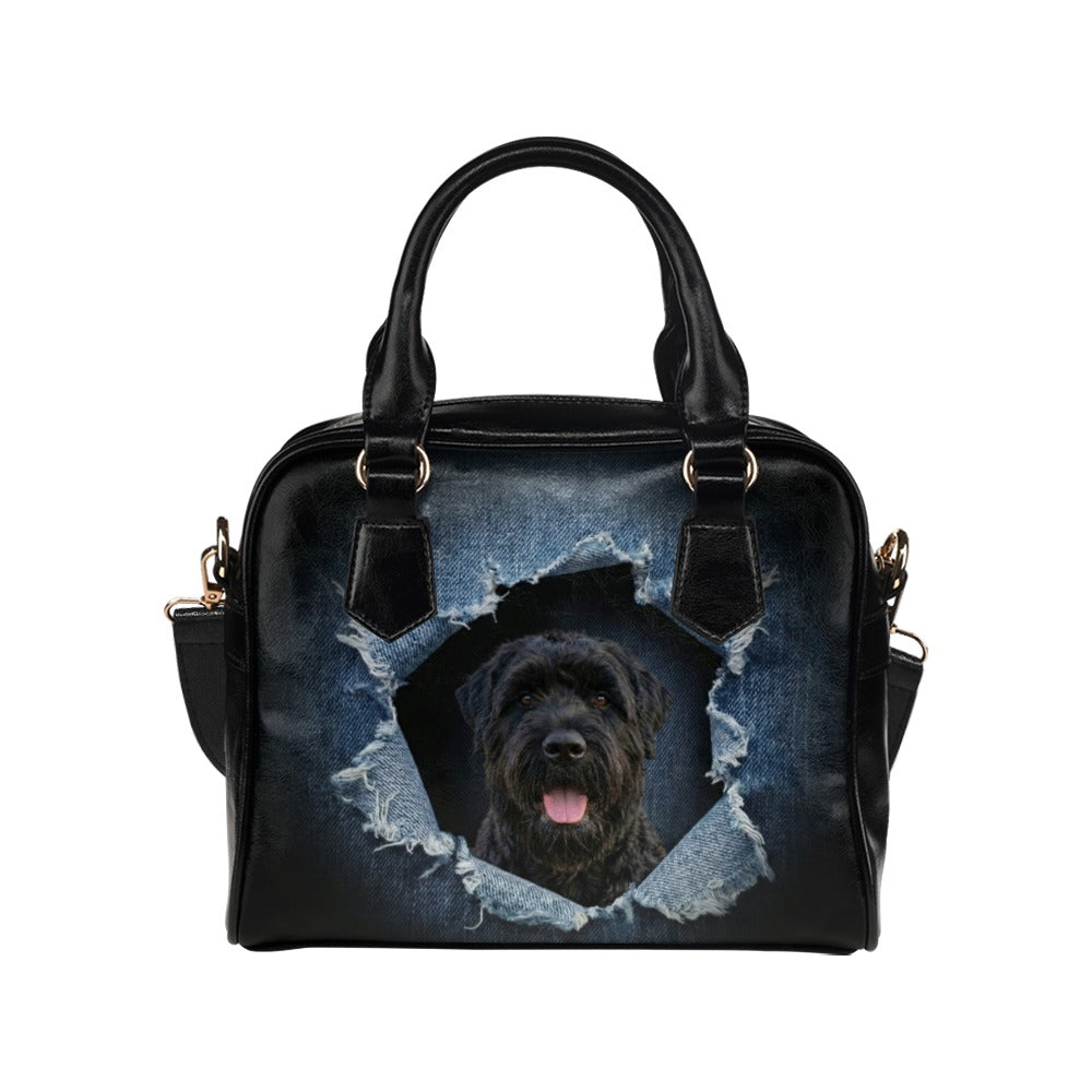 Black Russian Terrier Ripped Denim Print Shoulder Handbag