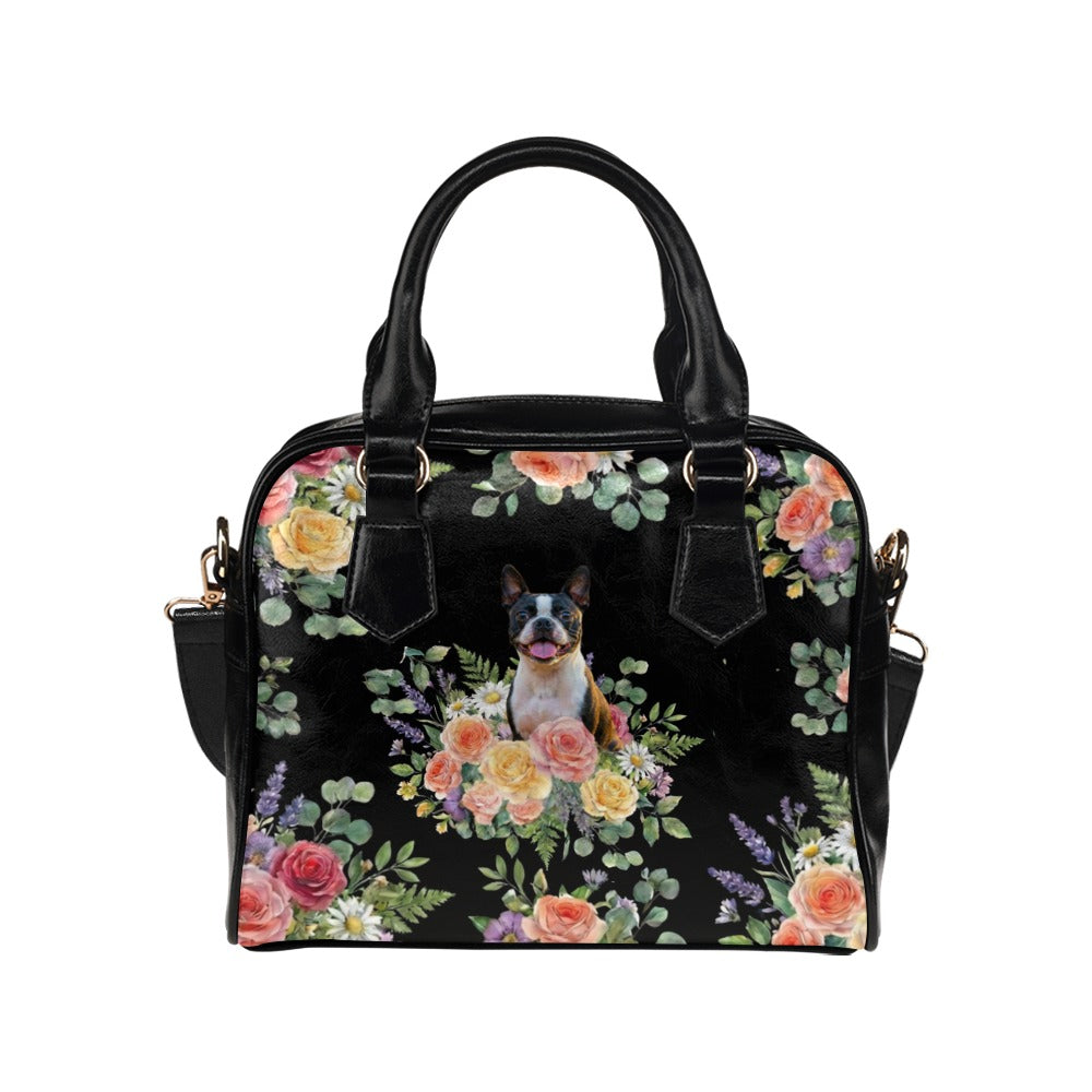 Boston Terrier Flower Shoulder Handbag