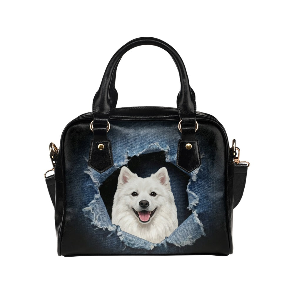 American Eskimo Dog Ripped Denim Print Shoulder Handbag