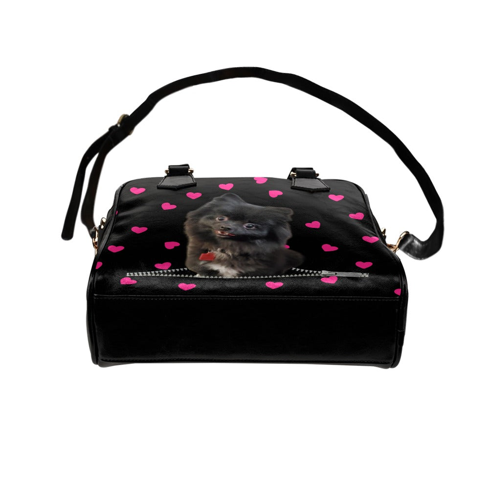 Black Pomeranian Zip Hearts Shoulder Handbag