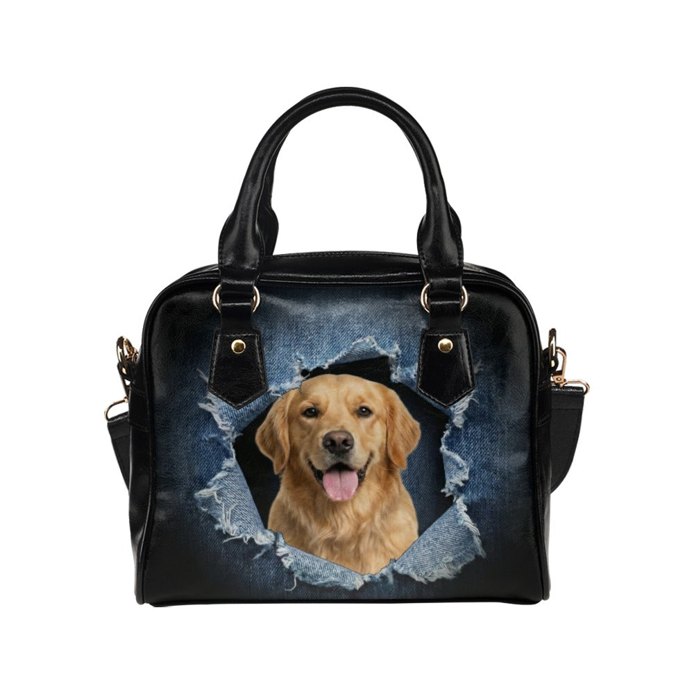 Golden Retriever Ripped Denim Print Shoulder Handbag