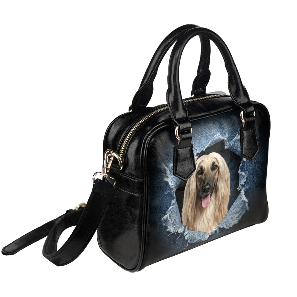 Afghan Hound Ripped Denim Print Shoulder Handbag