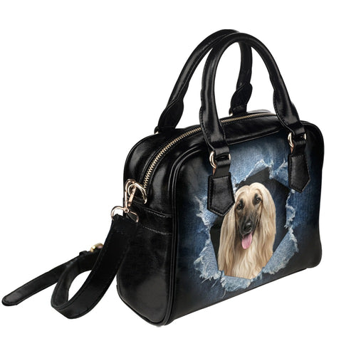 Afghan Hound Ripped Denim Print Shoulder Handbag