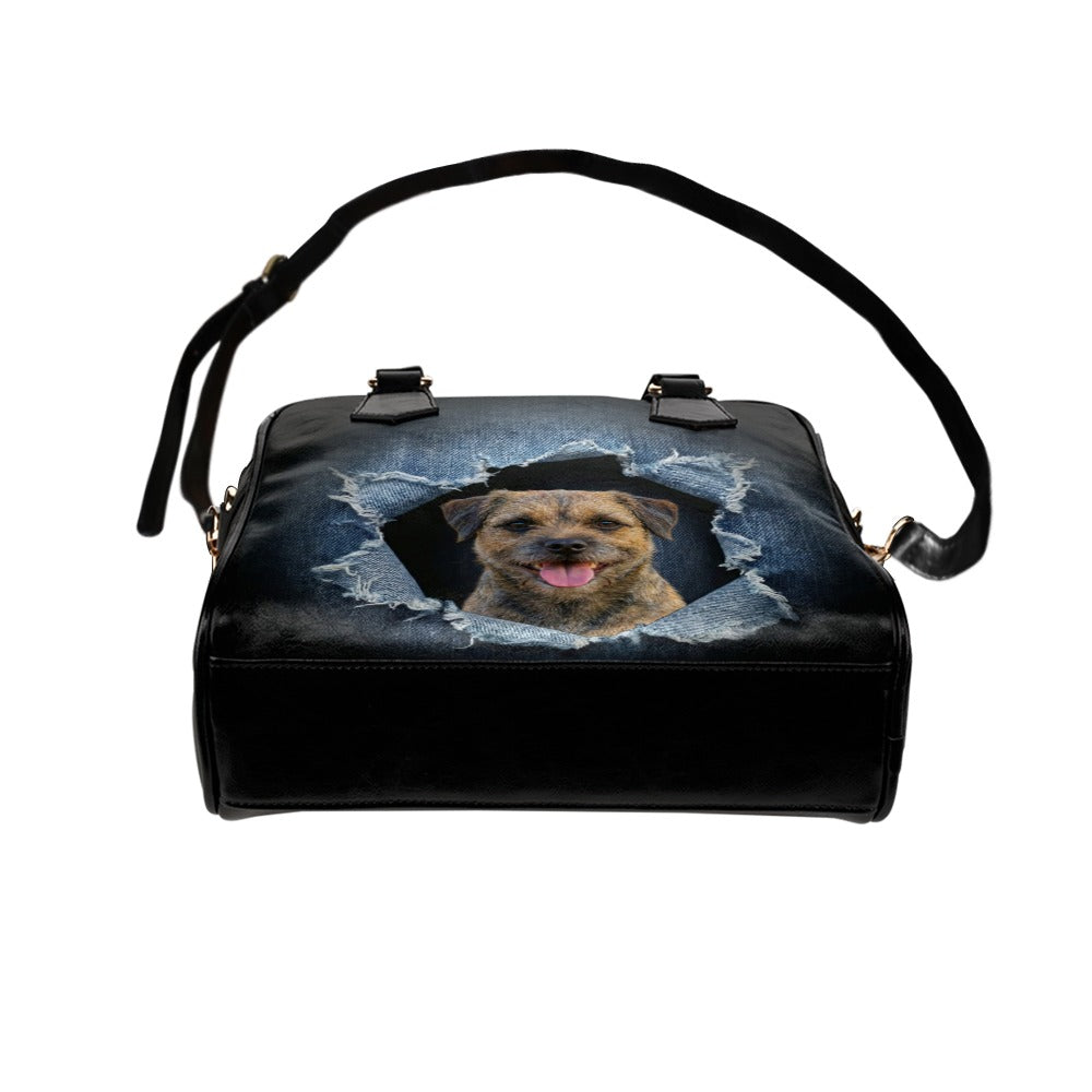 Border Terrier Ripped Denim Print Shoulder Handbag
