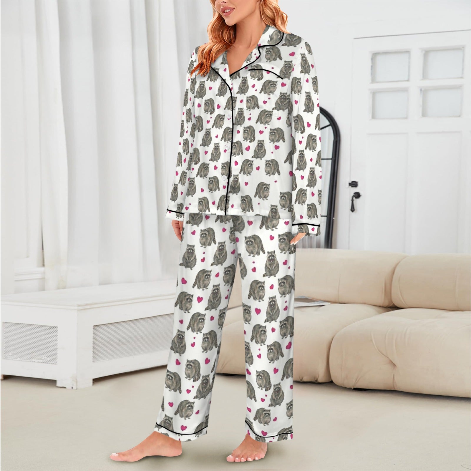 Racoon Domestic Women's Long Sleeve Satin Pajama Set