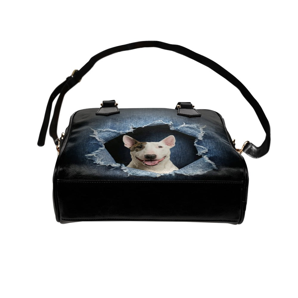 Bull Terrier Ripped Denim Print Shoulder Handbag