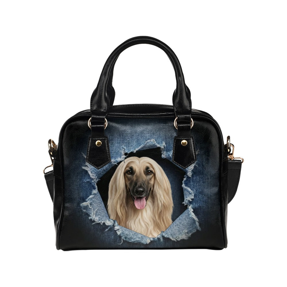 Afghan Hound Ripped Denim Print Shoulder Handbag