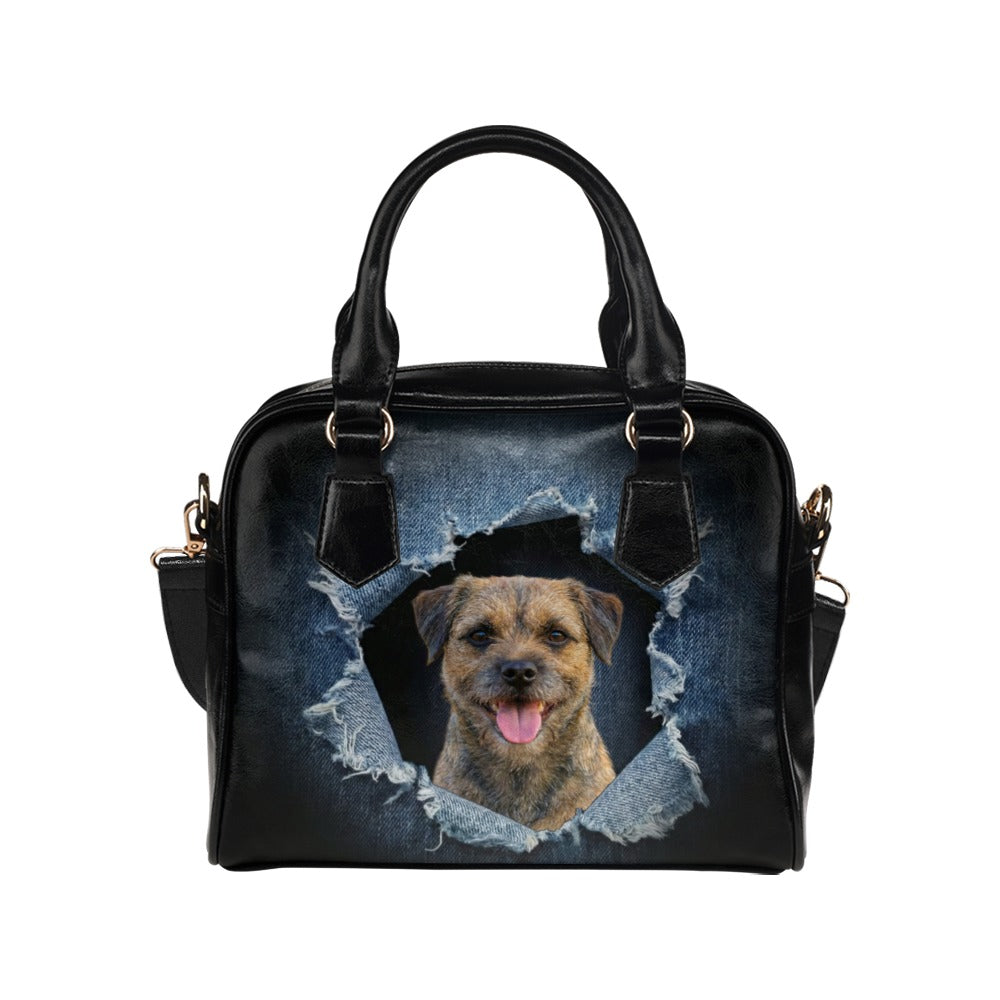 Border Terrier Ripped Denim Print Shoulder Handbag