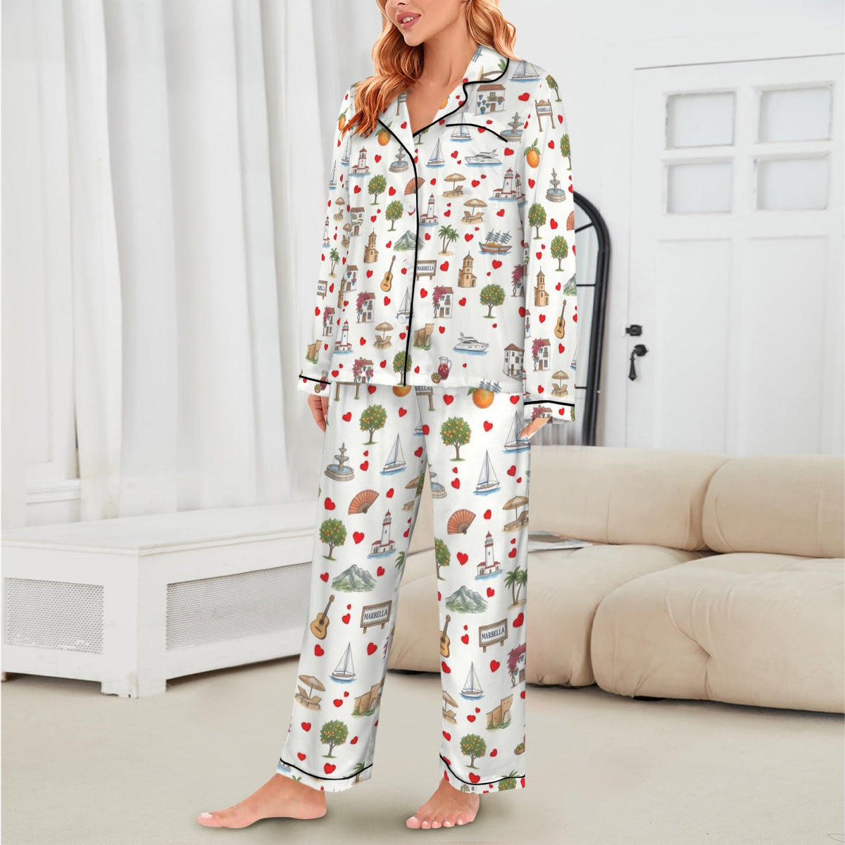 Marbella Women's Long Sleeve Satin Pajama Set